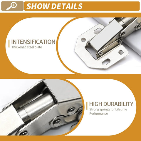 Close-up of silvery surface mount hinges showing thickened steel plate and spring mechanism for Two Pack Hidden Hinges For Frameless Cabinet Doors 90 Degree Concealed Surface Mount Hinges Fits Door Thickness 0.6 To 1 Inch Premium Cabinet Hardware For Smooth Full Access And Seamless Look
