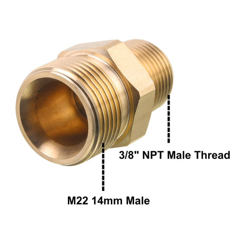 Close-up brass pressure washer adapter, 3/8 in NPT male to M22 14 mm male, 4500 PSI