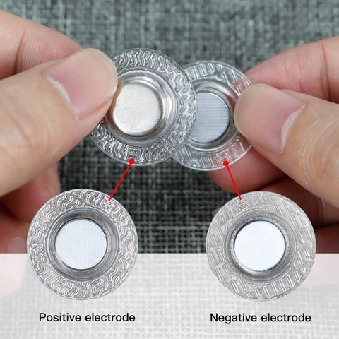 Set Of Twenty Five Mini Invisible Magnetic Snaps With Badass Hold For Baby Bibs Kids Apparel And DIY Craft Sewing Projects Round PVC hidden mini snaps showing positive and negative electrode details.
