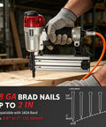 Professional Pneumatic Brad Nailer 18 Gauge Air Powered Nail Gun For Woodworking Trim Assembly Heavy Duty No Sweat Finish Tool Nailed It Contractor Diy Boss Level Shop Gear in use, highlighting brad nail loading.