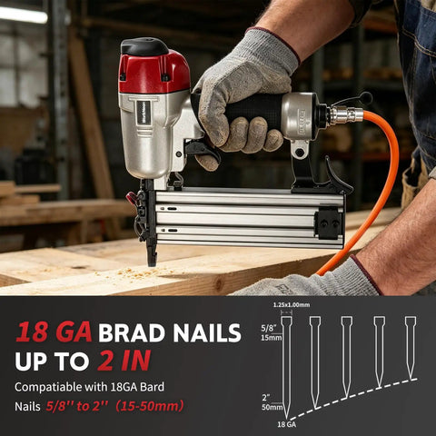 Professional Pneumatic Brad Nailer 18 Gauge Air Powered Nail Gun For Woodworking Trim Assembly Heavy Duty No Sweat Finish Tool Nailed It Contractor Diy Boss Level Shop Gear in use, highlighting brad nail loading.