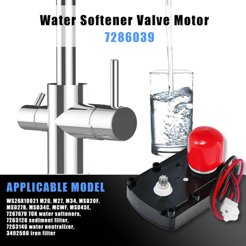 Water Softener Valve Motor Assembly Replacement Kit With Gear Housing And Wiring For Smooth Valve Drive And Precise Regeneration Fits WS26X10021 And WS26X21821 Rock Solid Pro Grade Workhorse Systems shown with water faucet.