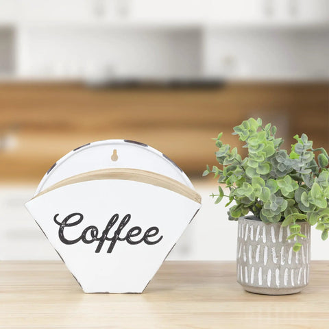 Enamelware Coffee Filter Holder Wall Mount Cone Shaped White Vintage Farmhouse Style Filter Storage Container With Distressed White Finish And Black Lettering For Classic Kitchen Organization