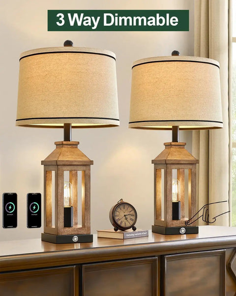 Cozy Farmhouse Style Table Lamp With Dual USB Ports And Night Light 3 Way Dimmable Touch Control Vintage Modern Glow Set of Two
