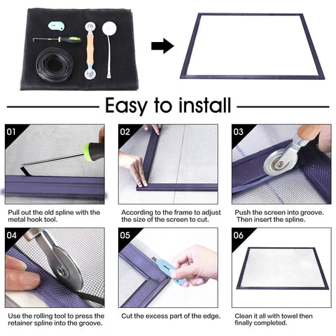 Installation steps for All In One Window Screen Repair Kit With 48x118 Charcoal Fiberglass Mesh and tools for replacing screens.
