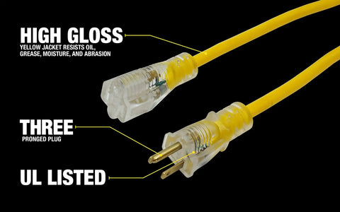 Yellow Jacket Heavy Duty Extension Cord For Outdoor Tools And Equipment With Lighted End And Weather Resistant SJTW Jacket 12 Gauge
