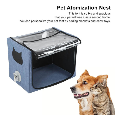 Portable Pet Nebulizer Box for Cats and Dogs with Collapsible Inhalation Chamber, durable fabric, dog and cat nearby