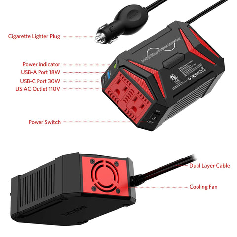 Road Trip Ready 300W Pure Sine Wave Car Power Inverter From 12V DC To 110V AC With USB C PD30W Fast Charger, QC 18W shown labeled