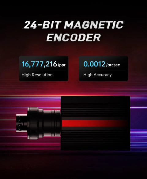 24-bit magnetic encoder specifications for Direct Drive Racing Wheel Bundle With 6Nm Servo Base, PC tuning software details shown.