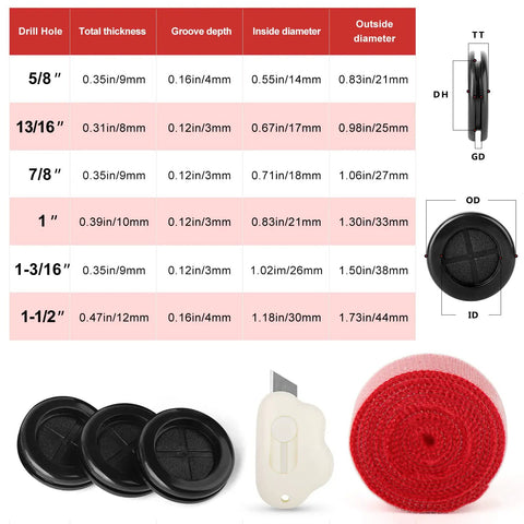 63 Piece Rubber Grommet Kit For Drill Holes And Firewall Wiring Protection With Six Sizes, chart of grommet dimensions and tools