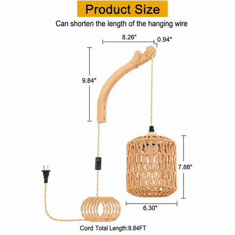 Detailed dimensions of EHFMGYB Rattan Wall Sconces Set of Two Plug in, showcasing the handcrafted wooden and woven fixture.