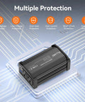 300W Car Power Inverter Switches 12V Dc To 110V Ac With Dual Outlets And Quick Charge Ports on a circuit background with protection icons.