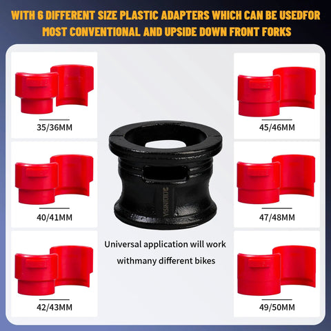 14 Piece Universal Motorcycle Fork Seal Driver Kit With 35mm To 50mm Adapters displayed with red plastic adapters