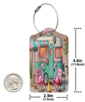 Camping RV Luggage Tag With Stainless Steel Ring featuring camper design, PU leather, and privacy flap shown with size dimensions.