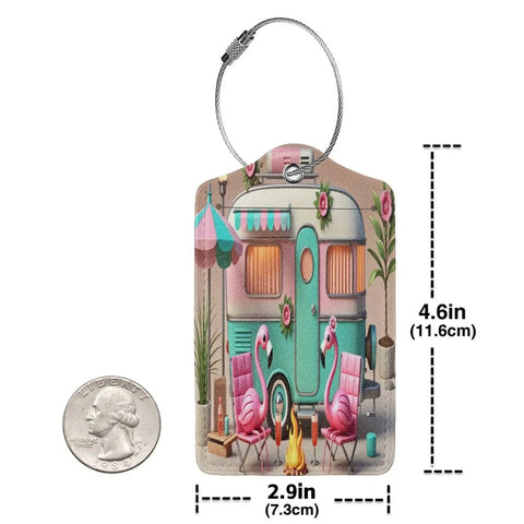 Camping RV Luggage Tag With Stainless Steel Ring featuring camper design, PU leather, and privacy flap shown with size dimensions.