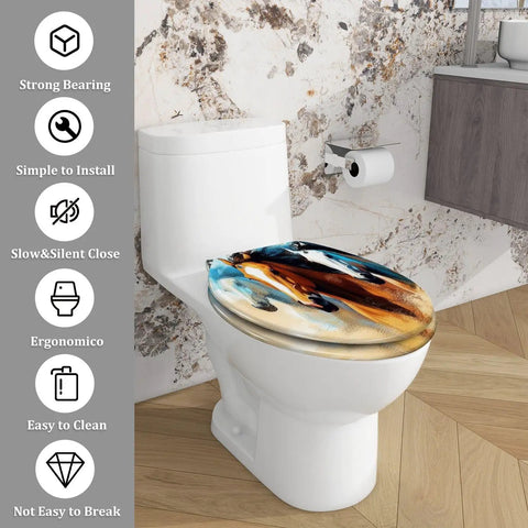 Elongated Decorative Toilet Seat for Bathroom in artistic design, fits standard toilets, made for easy cleaning.