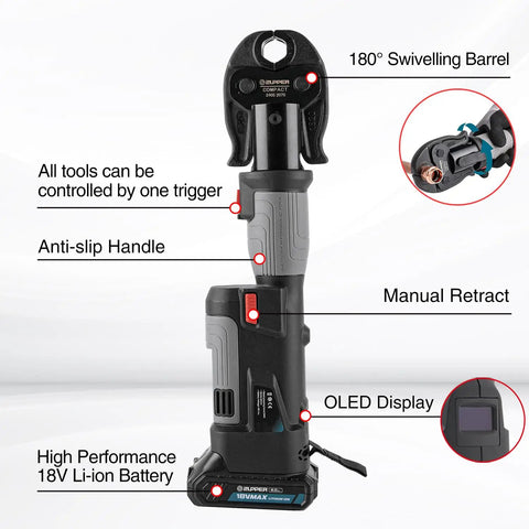 Compact Press Tool Kit With One Half Inch Three Quarter Inch And One Inch Copper Pipe Jaws For ProPress American Standard Fittings Durable Pro Grade Lightweight And Easy To Use Ideal For Pros And DIY Home Plumbing Projects. 18V press tool with OLED display
