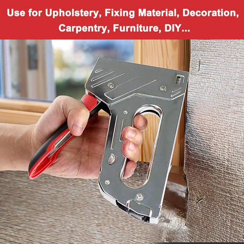 Beefy Workhorse 2 In 1 Manual Stapler And Nail Gun Kit in use on wood panel for carpentry and home decoration projects