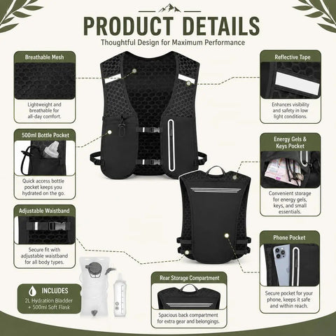 No Bounce Hydration Vest For Running With 2L Bladder And 500ml Soft Flask, featuring breathable mesh, phone pocket, and reflective tape.