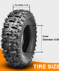 4.10/3.50-6 Tire Inner Tube; shown with measurements for width and inner diameter; fits wheelbarrows, ATVs, lawn mowers