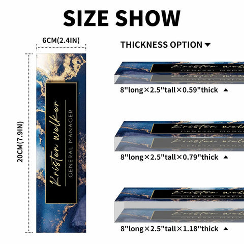 Personalized Acrylic Desk Plate With Your Name In Blue Coast Finish showing size and thickness options in office decor.