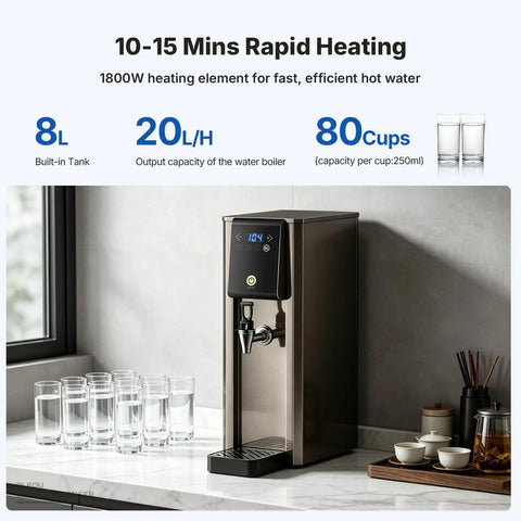 1800W Commercial Hot Water Boiler Countertop Dispenser with On Tap in kitchen setting showing 8L tank size and cups ready for use