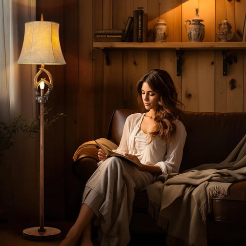 Cozy Farmhouse Vibe Antlers Floor Lamp With Night Light beside woman reading on sofa, faux leather bell shade, rustic setting.