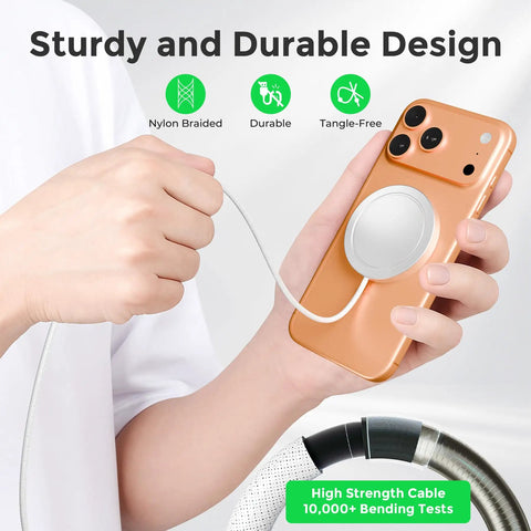 Person holding phone with Powerful 25W Magnetic Wireless Charger Two Pack With Qi Two Point Two Fast Wireless Charging Pad