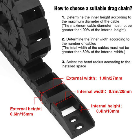 R18 Bridge Type Black Plastic Drag Chain Cable Carrier 10x20mm Inner Size, 1M Length With End Connectors For CNC Machines