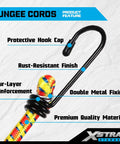 Close-up of colorful bungee cord with protective hook cap, part of 14 Piece Heavy Duty Bungee Cord Kit With 18 Inch 24 Inch 30 Inch And 40 Inch Cords With Hooks For Cars Trucks Trailers RVs Motorcycles Bicycles ATVs And Outdoor Use To Secure Tents Tarps And Gear.