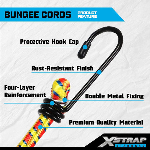 Close-up of colorful bungee cord with protective hook cap, part of 14 Piece Heavy Duty Bungee Cord Kit With 18 Inch 24 Inch 30 Inch And 40 Inch Cords With Hooks For Cars Trucks Trailers RVs Motorcycles Bicycles ATVs And Outdoor Use To Secure Tents Tarps And Gear.