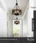 13.8-Inch Modern Semi Flush Mount Chandelier with black and gold mesh drum in hallway ceiling view