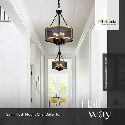 13.8-Inch Modern Semi Flush Mount Chandelier with black and gold mesh drum in hallway ceiling view