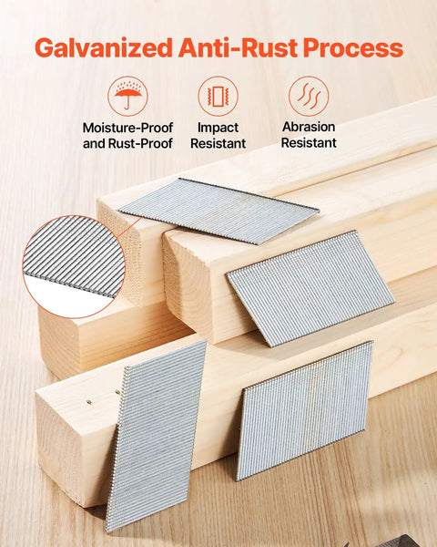 Sixteen Gauge Two Inch Angled Finish Nails Twenty Degree Offset Two Thousand Count Galvanized Steel on wood blocks.