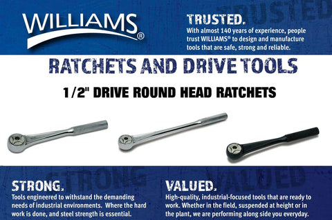 Go-To Half Inch Drive Round Head Ratchet With Double Pawl Design And 72 Teeth For A Smooth Five Degree Action Chrome High Polish Finish Knurled Non Slip Grip And A 15 Inch Long Handle displayed on informational poster