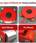 Two types of wheels: Steel Wheels and PU Wheels for Heavy Duty Universal Machine Mover Dolly in red color.