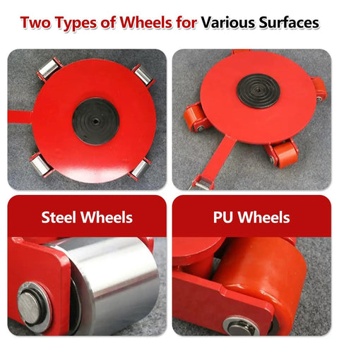 Two types of wheels: Steel Wheels and PU Wheels for Heavy Duty Universal Machine Mover Dolly in red color.