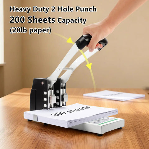 Heavy Duty Two Hole Punch Boasting A Sure Grip And Rugged Steel Body That Blows Through Two Hundred Sheets With No Sweat For Fast Office Jobs School Essays And Snappy Binder Prep In Clean White, in use, punching 200 sheets of paper.