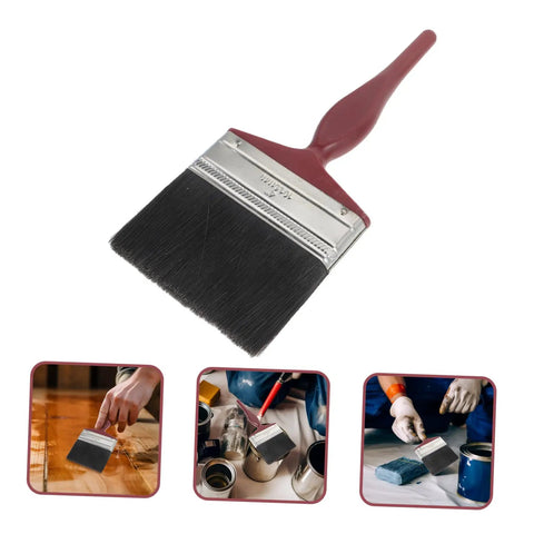 Workhorse Pro Grade Deck Stain Brush with large paddle, red ergonomic handle, mixed bristles, shown in use on various surfaces.