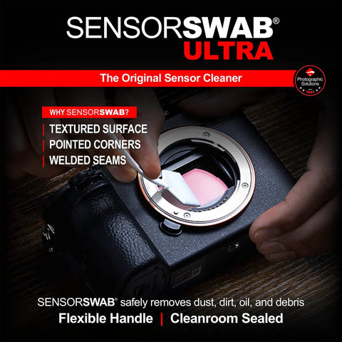SensorSwab Ultra sensor cleaner by Photographic Solutions; hands cleaning camera sensor with swab (20mm Type-1, pack of 12).