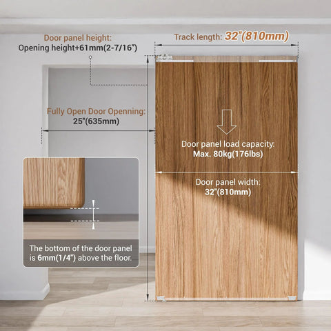 32 Inch Concealed Sliding Barn Door Hardware With Soft Close Mechanism Trackless Aluminum Hidden Track Kit For Interior Doors Clean Minimalist Design Conceals The Track Behind The Door Panel Door Not Included showing dimensions and load capacity.