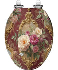 Elongated Resin Toilet Seat for Bathroom with floral design and ornate gold frame pattern.