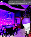 LED Black Light Bulbs 6 Pack 9W Equivalent 75W A19 UV 390 To 400nm Glow In The Dark 120V E26 Medium Base in party setting