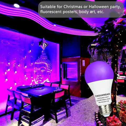LED Black Light Bulbs 6 Pack 9W Equivalent 75W A19 UV 390 To 400nm Glow In The Dark 120V E26 Medium Base in party setting