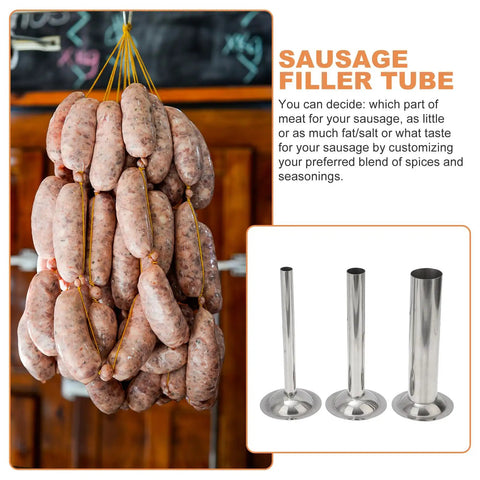 Size 8 Stainless Steel Sausage Stuffer Tubes Set Three Tube Kit next to hanging sausages in kitchen