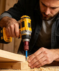 Man using self locking drill to angle grinder adapter in carbon steel for safe quick tool swaps rock solid for metalworking woodworking
