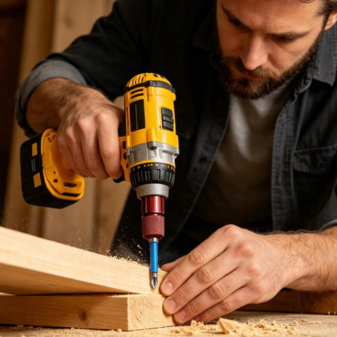 Man using self locking drill to angle grinder adapter in carbon steel for safe quick tool swaps rock solid for metalworking woodworking