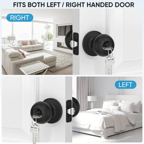 Matte Black Round Door Knob Set With Deadbolt For Indoor Doors, 5 Pack, shown on left and right handed doors in home setting