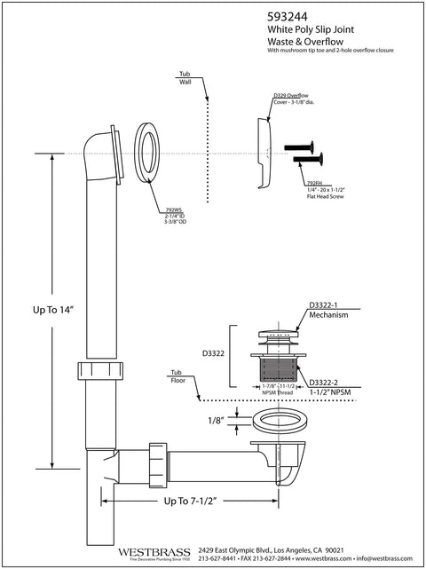 Diagram of White Tubular Bathtub Waste and Overflow Assembly Kit with Tip-Toe Drain Plug, 1-1/2 Inch by 14 Inch, Slip Joint, ADA Approved