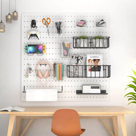 Pegboard Organizer Kit With Bins, Transparent Cups, Wire Baskets, Paper Towel Holder And Hooks, 42 Piece Pegboard Accessories Set For Garage, Workshop And Craft Room Storage, installed on wall above desk.